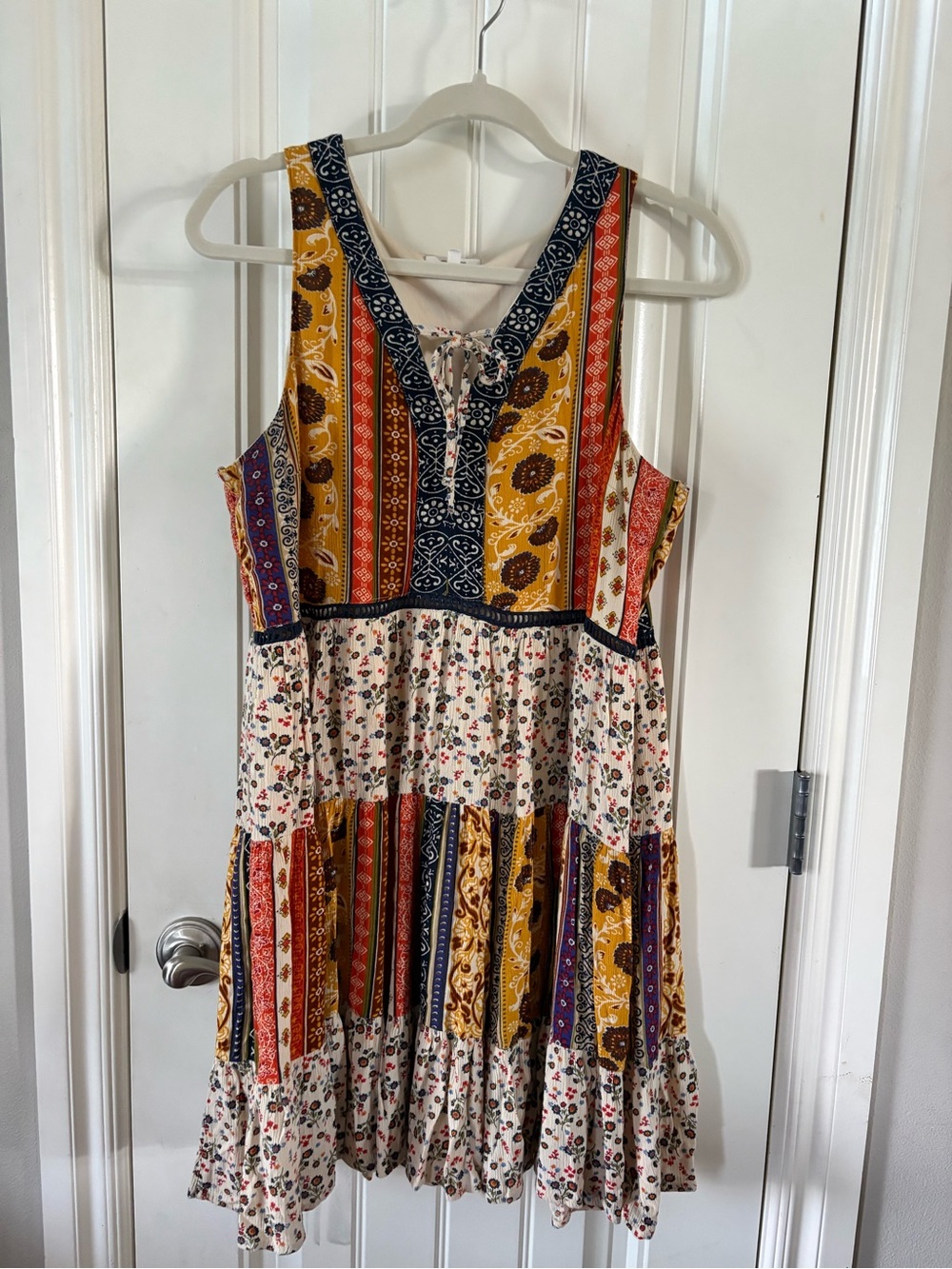 Maurices Mustard Yellow and Navy Blue Patchwork Tiered Midi Dress